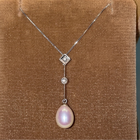 Solid Stamped 14K 585 White Gold Pearl Natural Diamond Pendant for Necklace - Picture 2 of 11